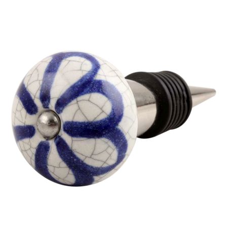 Navy Blue Floral Crackle Ceramic Wine Stopper